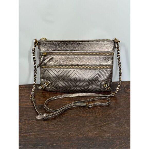 Elliott Lucca Handbags - Elliott Lucca Messina Triple Zip Small Crossbody Bag Metallic Leather